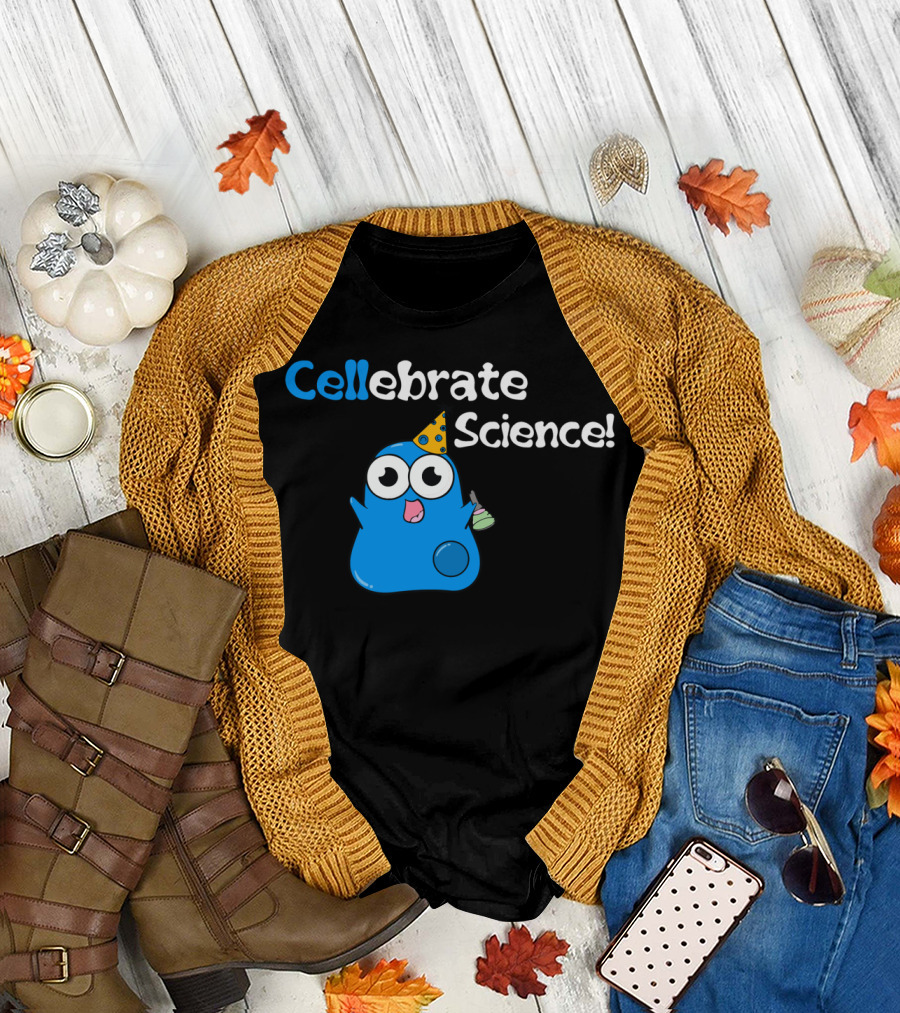 Cellebrate Science Cute Blue Blob Wearing Party Hat Holding Flask T-Shirt