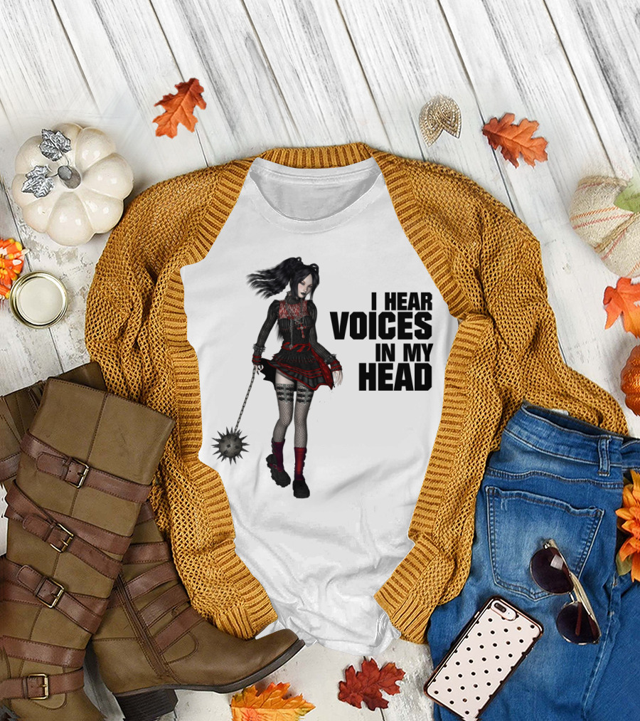 I Hear Voices in My Head Gothic Anime Character with Spiked Flail and Striped Stockings T-Shirt