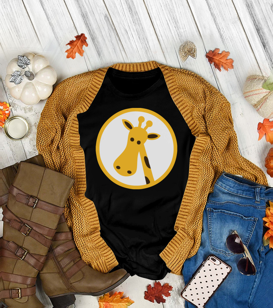 Giraffe Head Cartoon Icon Yellow and Black Circle Emblem T-Shirt
