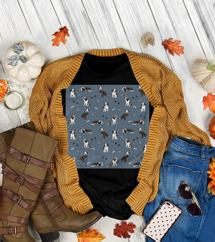 Adorable Puppy Pattern with Paws Bones and Hearts Blue Background T-Shirt