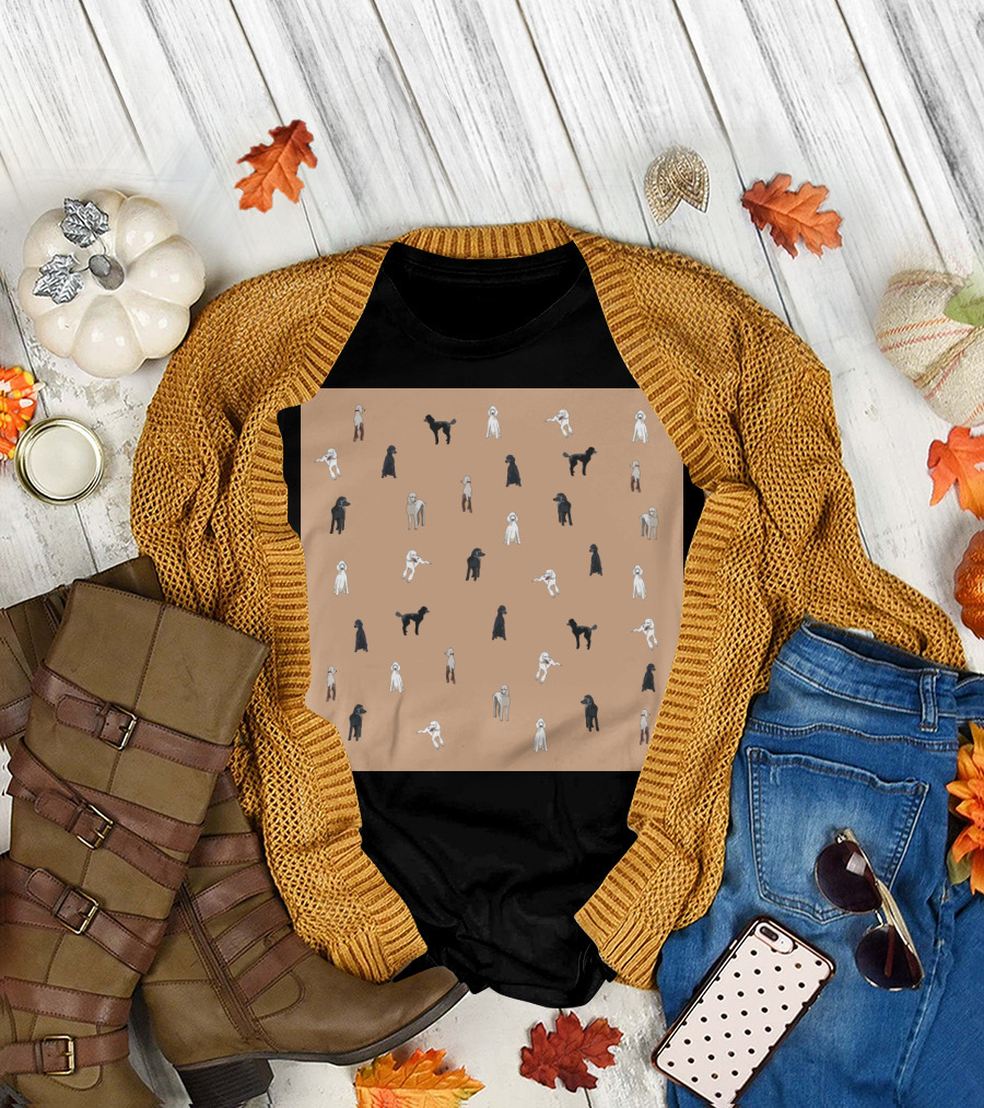 Oodles of Poodles Black and White Pattern on Tan Background T-Shirt