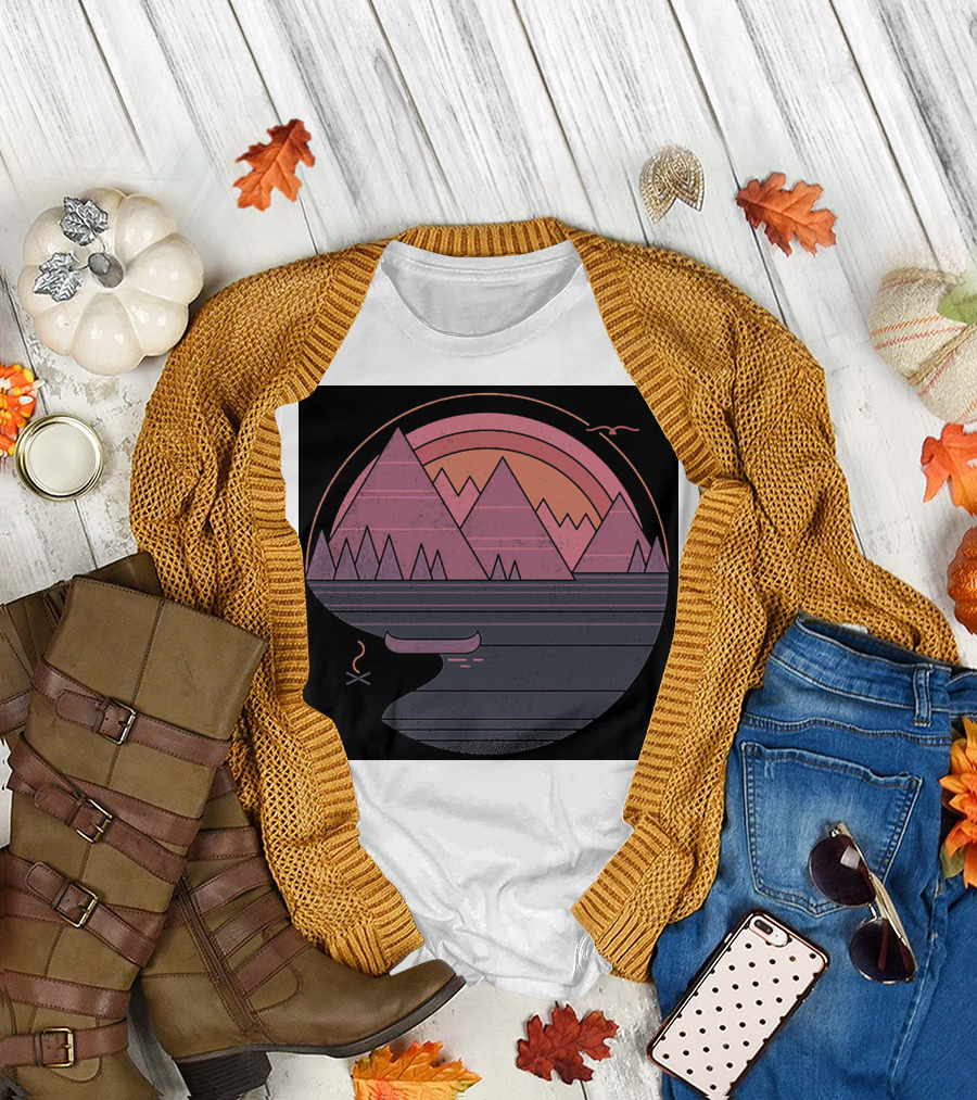 Geometric Mountain Sunset with Canoe and Campfire Scene T-Shirt