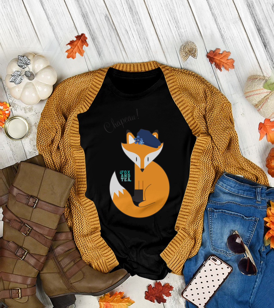 Chapeau Fox And Tea Blue Beret Flower Adorned T-Shirt
