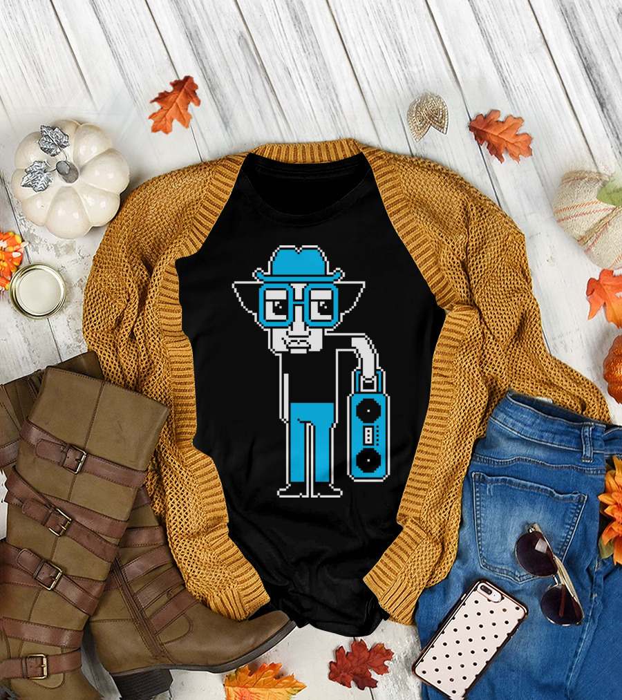 Retro Pixel Art Style Character Holding Boombox Blue Hat Glasses Fresh Dipped T-Shirt
