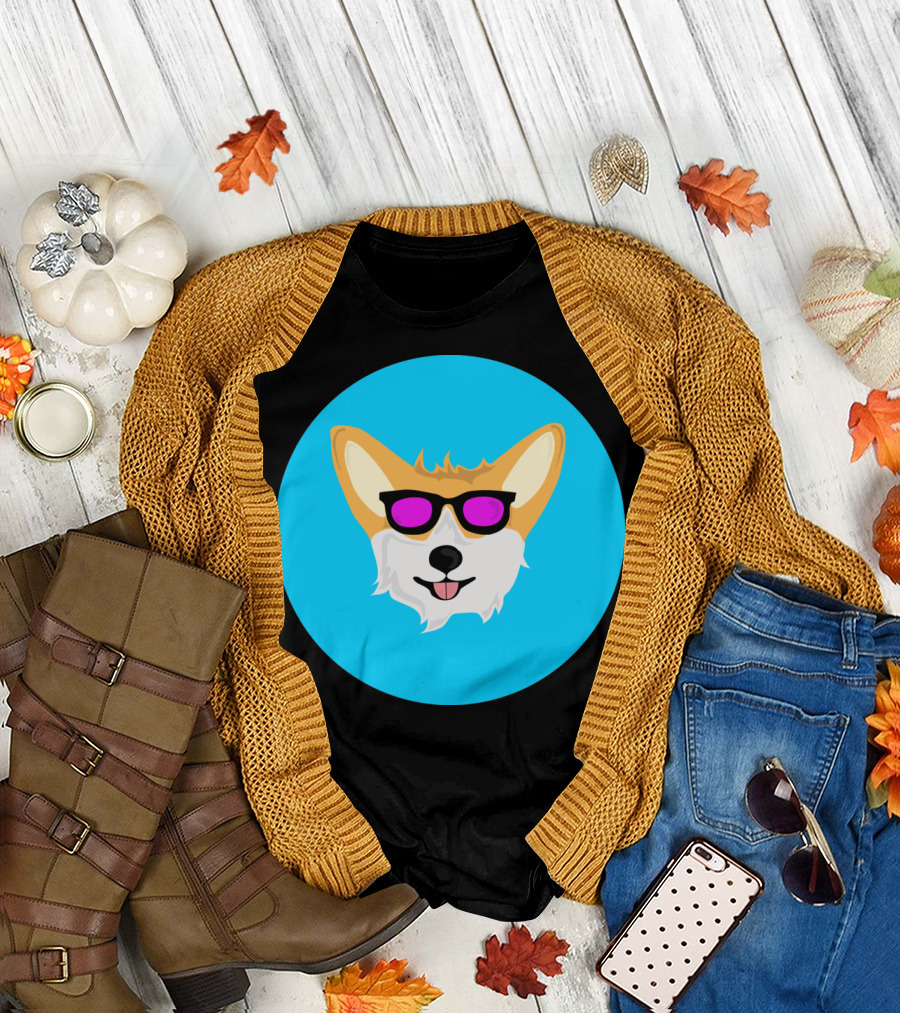Cool Sunglasses Corgi on Blue Circle Background T-Shirt