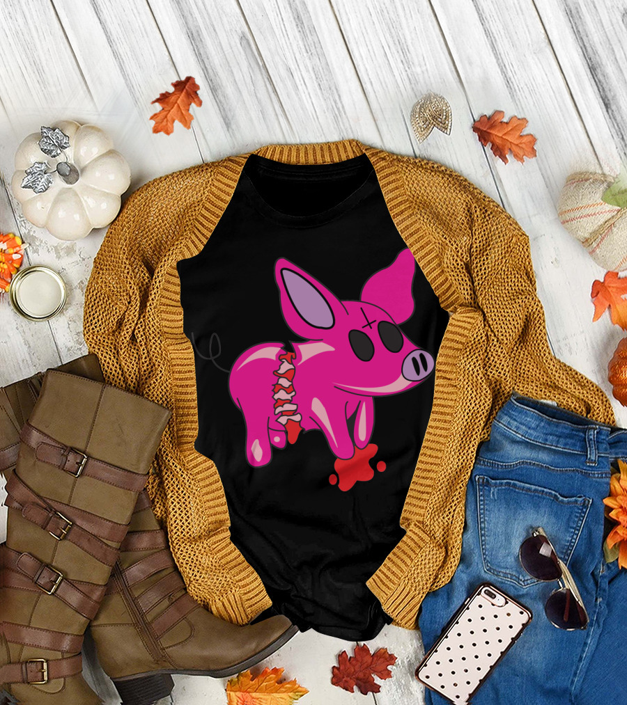 Fresh Ham Pink Cartoon Pig with Exposed Spine and Red Blood Droplets T-Shirt