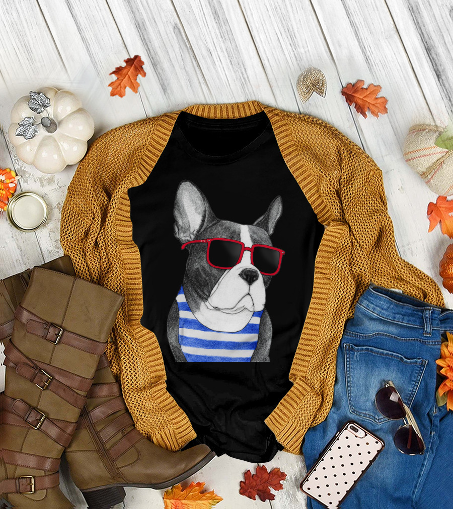 Frenchie in Red Sunglasses with Blue and White Striped Top T-Shirt