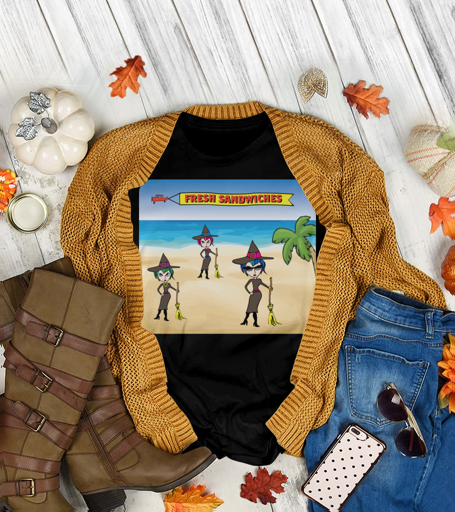 Fresh Sandwiches Beach Witches with Brooms and Palm Tree T-Shirt
