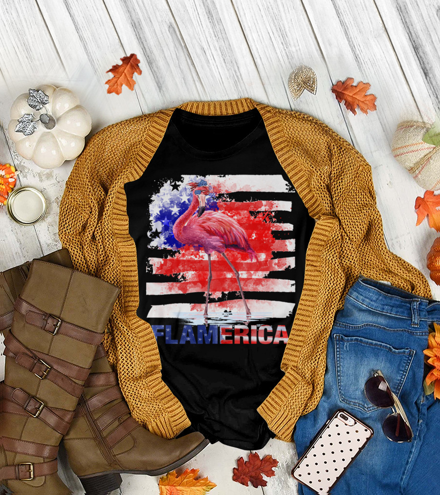 Flamerica Flamingo with American Flag and USA Sunglasses T-Shirt
