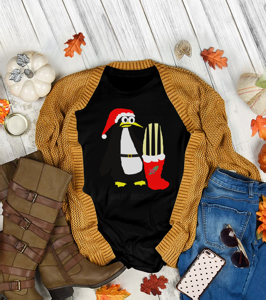 Santa Hat Penguin Grinch with Christmas Stocking Bah Humbug Mood T-Shirt