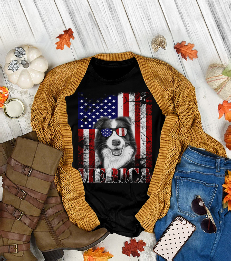 Merica Border Collie Wearing Patriotic American Flag Sunglasses for 4th of July T-Shirt