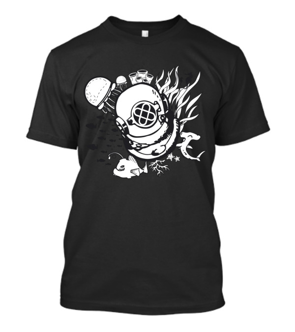 Old Diving Helmet Surrounded By Ocean Life Including Jellyfish And Fish T-Shirt