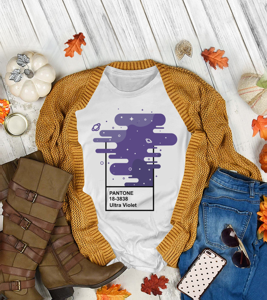 Pantone 18-3838 Ultra Violet Cosmic Space Swirls with Planets and Stars T-Shirt
