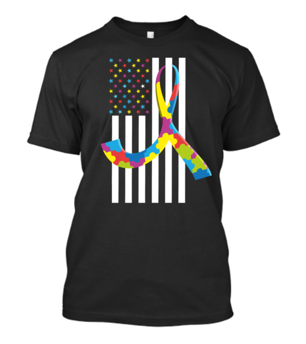 Puzzle Piece Ribbon Autism Awareness American Flag Month Stripes And Stars T-Shirt