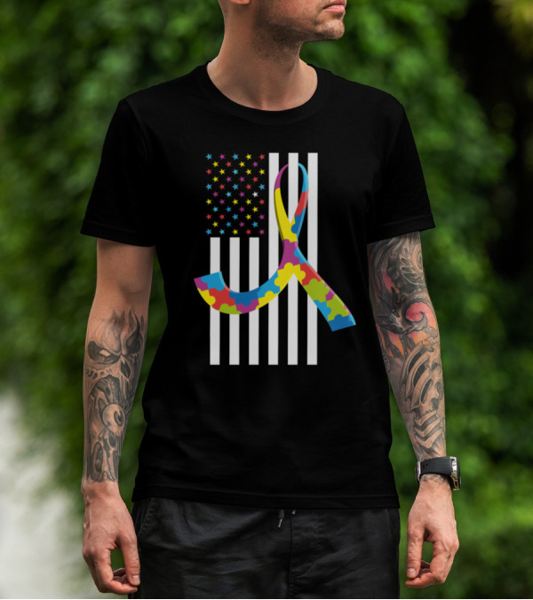 Puzzle Piece Ribbon Autism Awareness American Flag Month Stripes And Stars T-Shirt