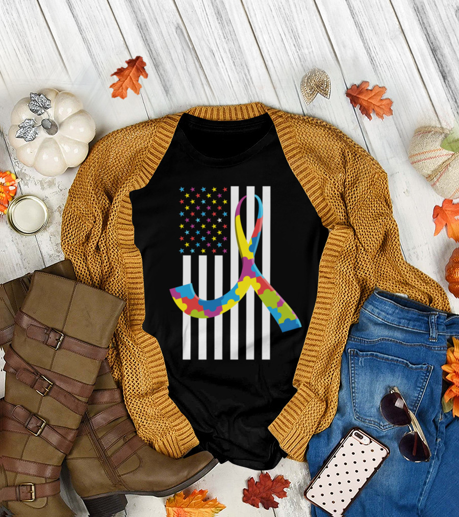 Puzzle Piece Ribbon Autism Awareness American Flag Month Stripes and Stars T-Shirt
