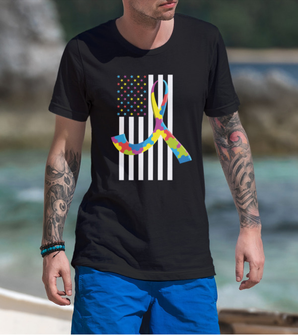 Puzzle Piece Ribbon Autism Awareness American Flag Month Stripes And Stars T-Shirt