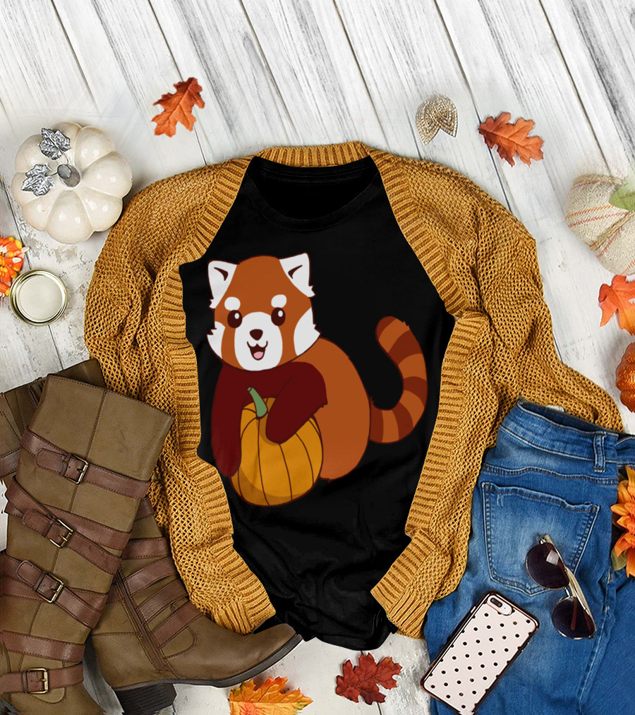 Pumpkin Hugging Red Panda Cute Cartoon Character T-Shirt