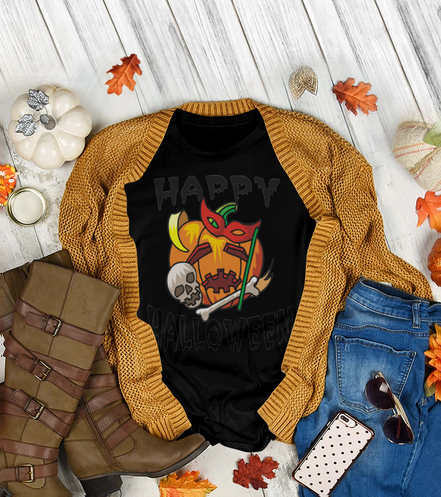 Happy Halloween Pumpkin with Skull Mask Bone and Broomstick T-Shirt