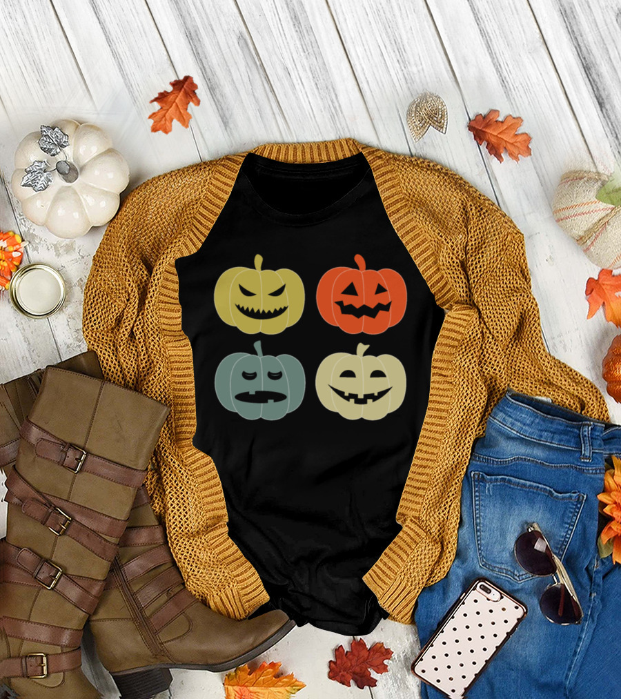 Halloween Vintage Pumpkin Faces Multicolor Retro Jack-O'-Lanterns T-Shirt