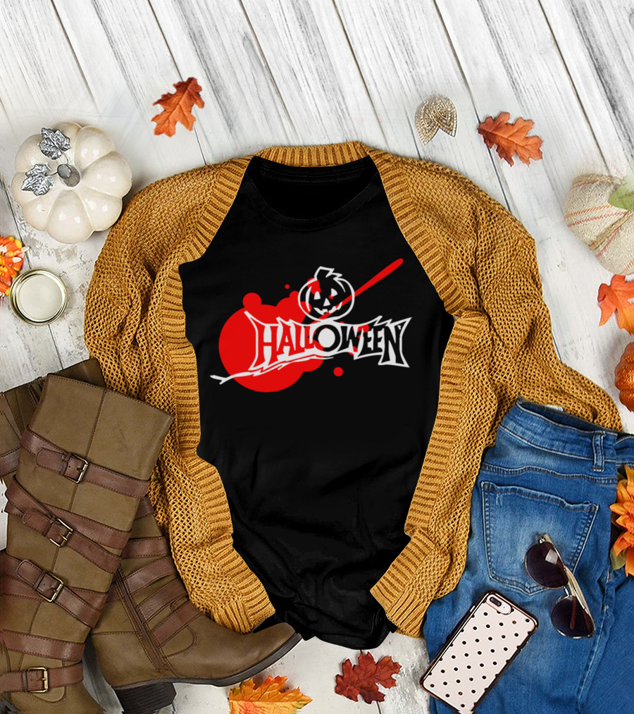 Halloween Pumpkin Red White Design with Spooky Jack-o'-Lantern T-Shirt