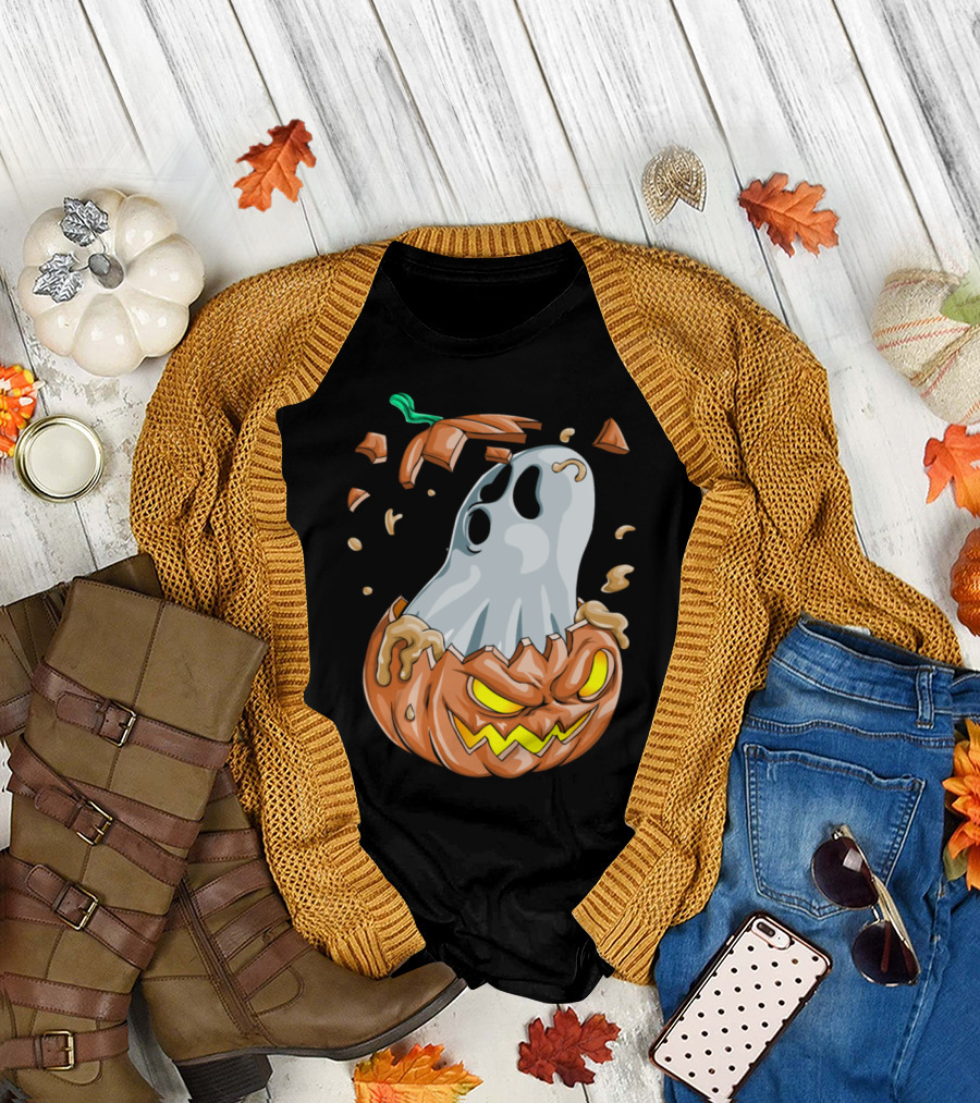 Halloween Ghost Emerging From Broken Pumpkin T-Shirt
