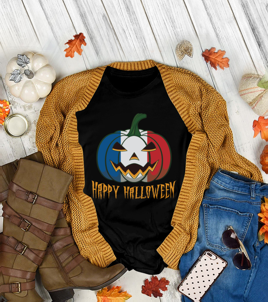 Happy Halloween French Flag Pumpkin Jack o Lantern T-Shirt