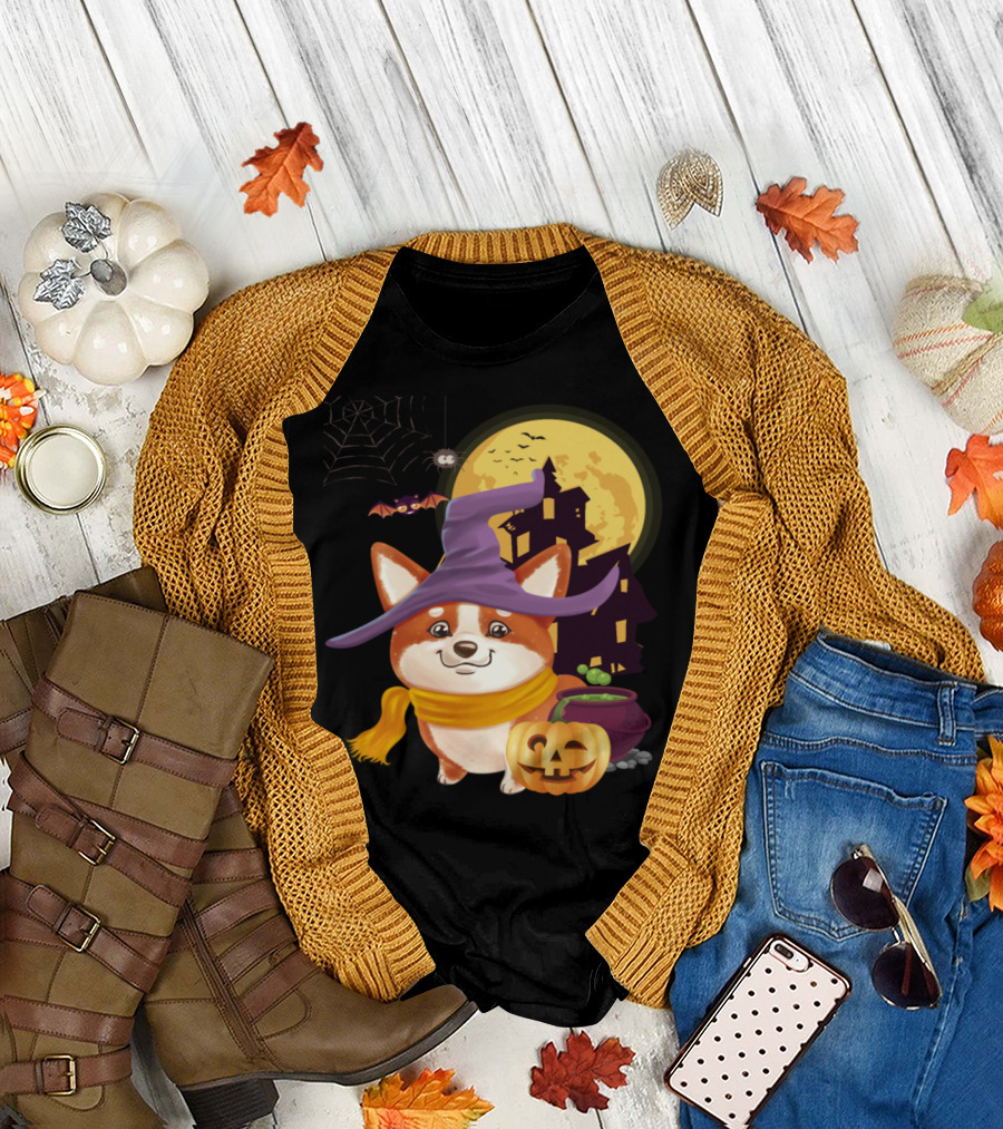 Welch Corgi Witch Pumpkin Halloween Moon Haunted House T-Shirt