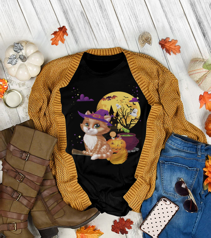 Halloween Meow Cat Witch Broom Pumpkin Bat Ghost Cauldron T-Shirt