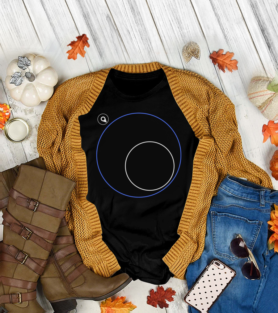 Circle with Blue Outer Orbit and Inner White Loop Enclosing Magnifying Glass T-Shirt
