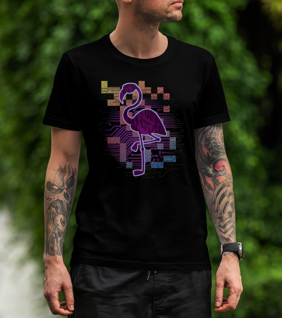 Digital Circuit Flamingo Neon Tech T-Shirt