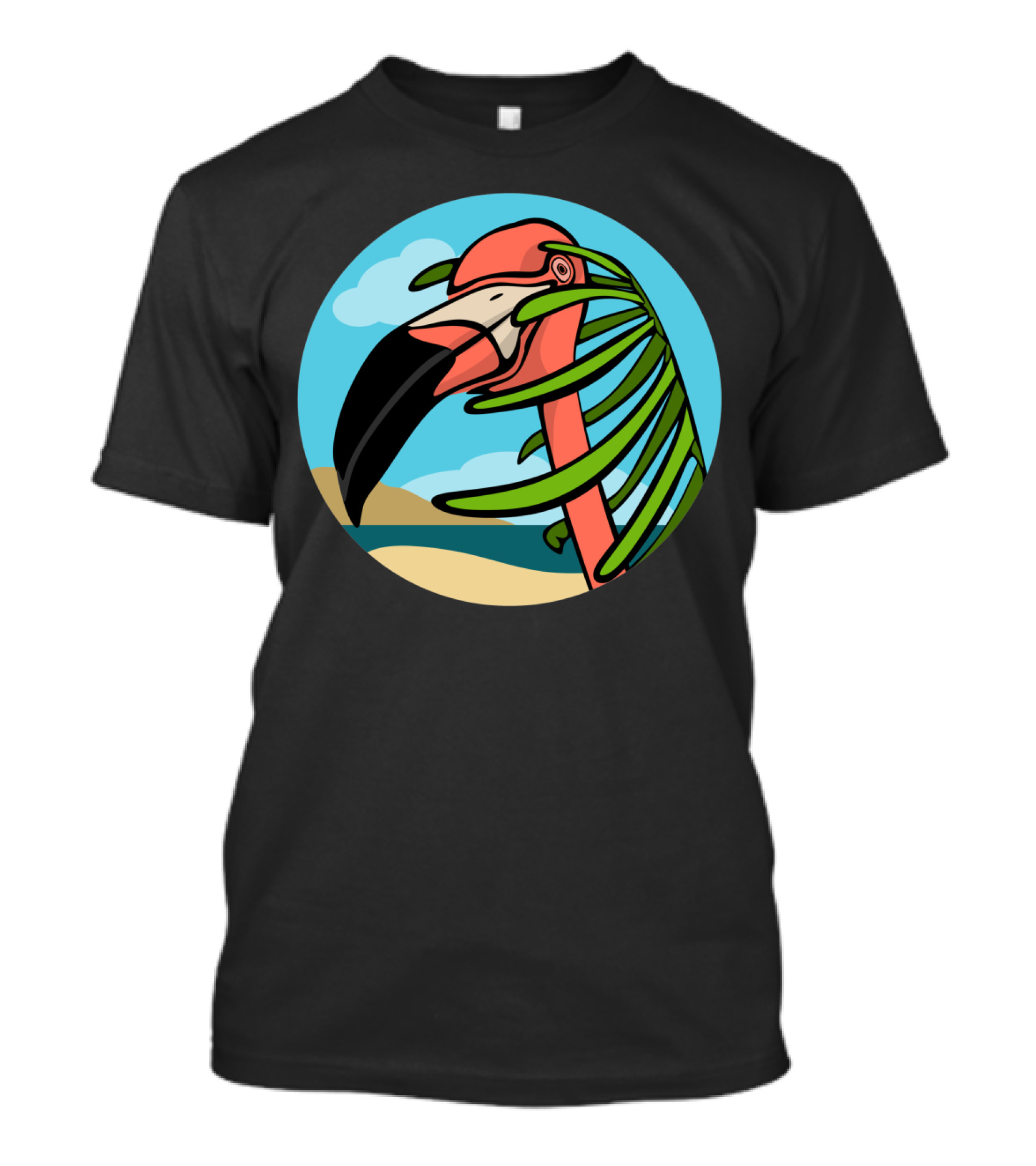 Flamingo And Palm Beach Scene With Blue Sky And Sandy Shoreline T-Shirt