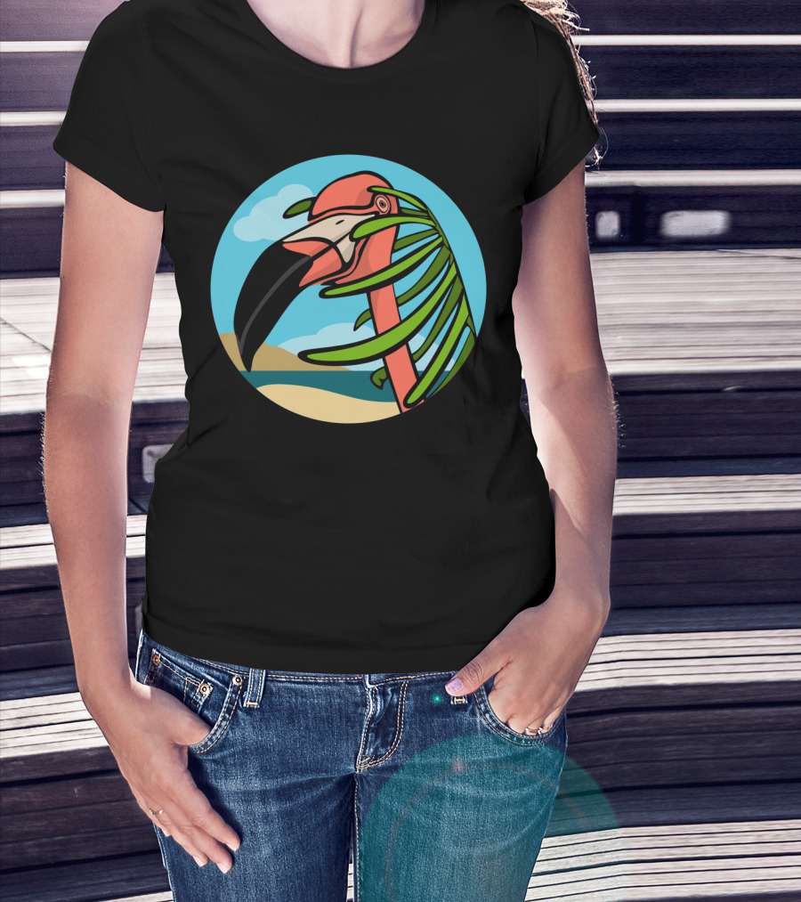 Flamingo And Palm Beach Scene With Blue Sky And Sandy Shoreline T-Shirt