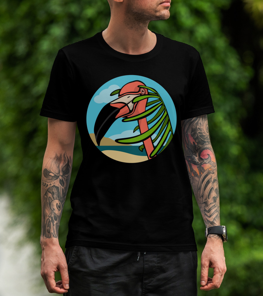 Flamingo And Palm Beach Scene With Blue Sky And Sandy Shoreline T-Shirt