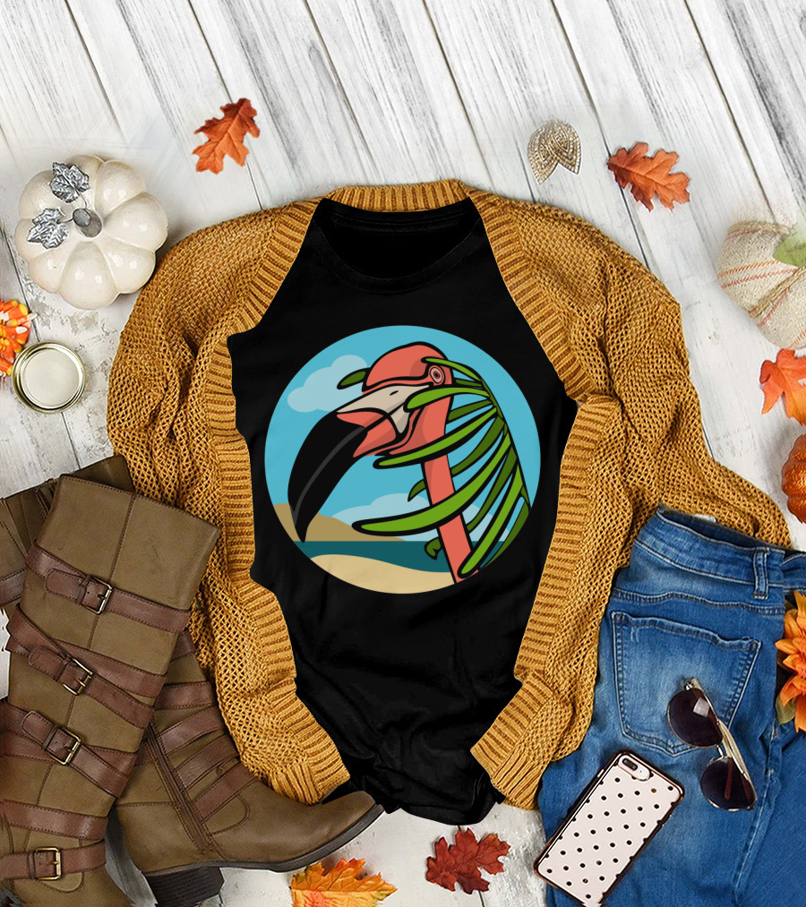 Flamingo And Palm Beach Scene With Blue Sky And Sandy Shoreline T-Shirt