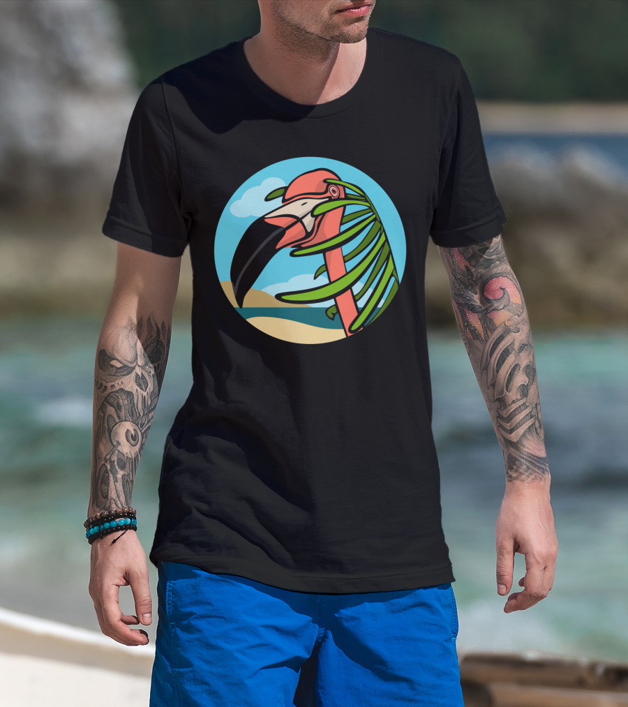 Flamingo And Palm Beach Scene With Blue Sky And Sandy Shoreline T-Shirt