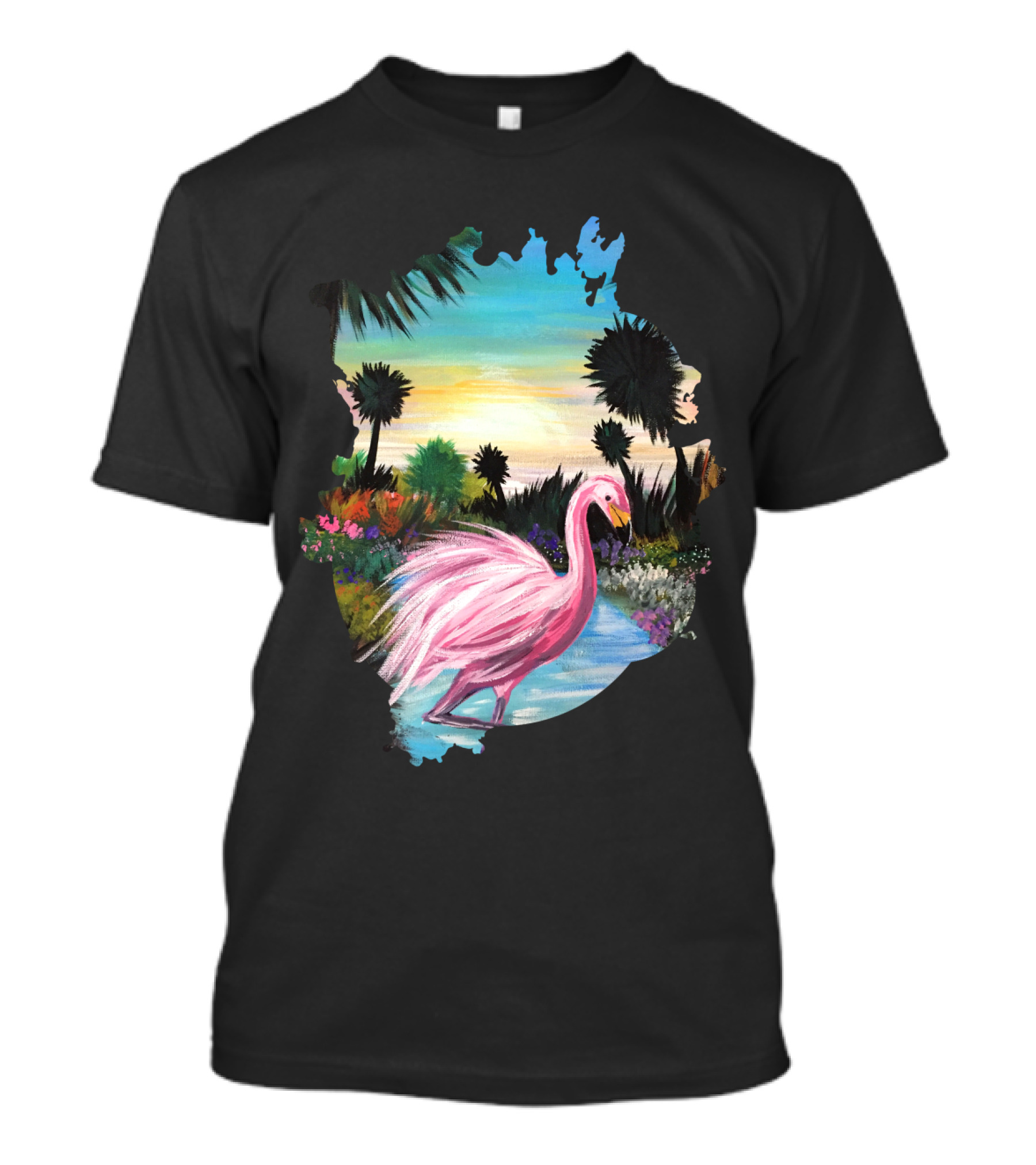 Flamingo Paradise Tropical Sunset With Palm Trees And Vibrant Lagoon T-Shirt