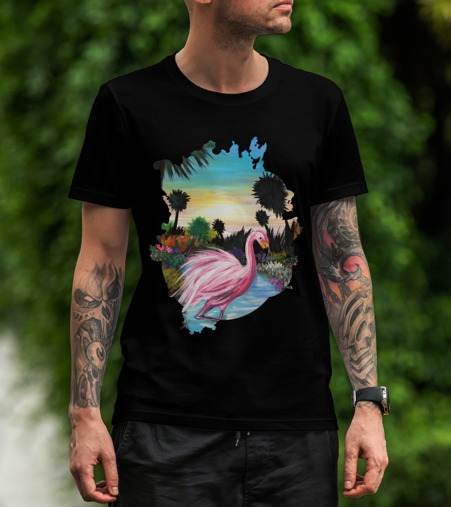Flamingo Paradise Tropical Sunset With Palm Trees And Vibrant Lagoon T-Shirt