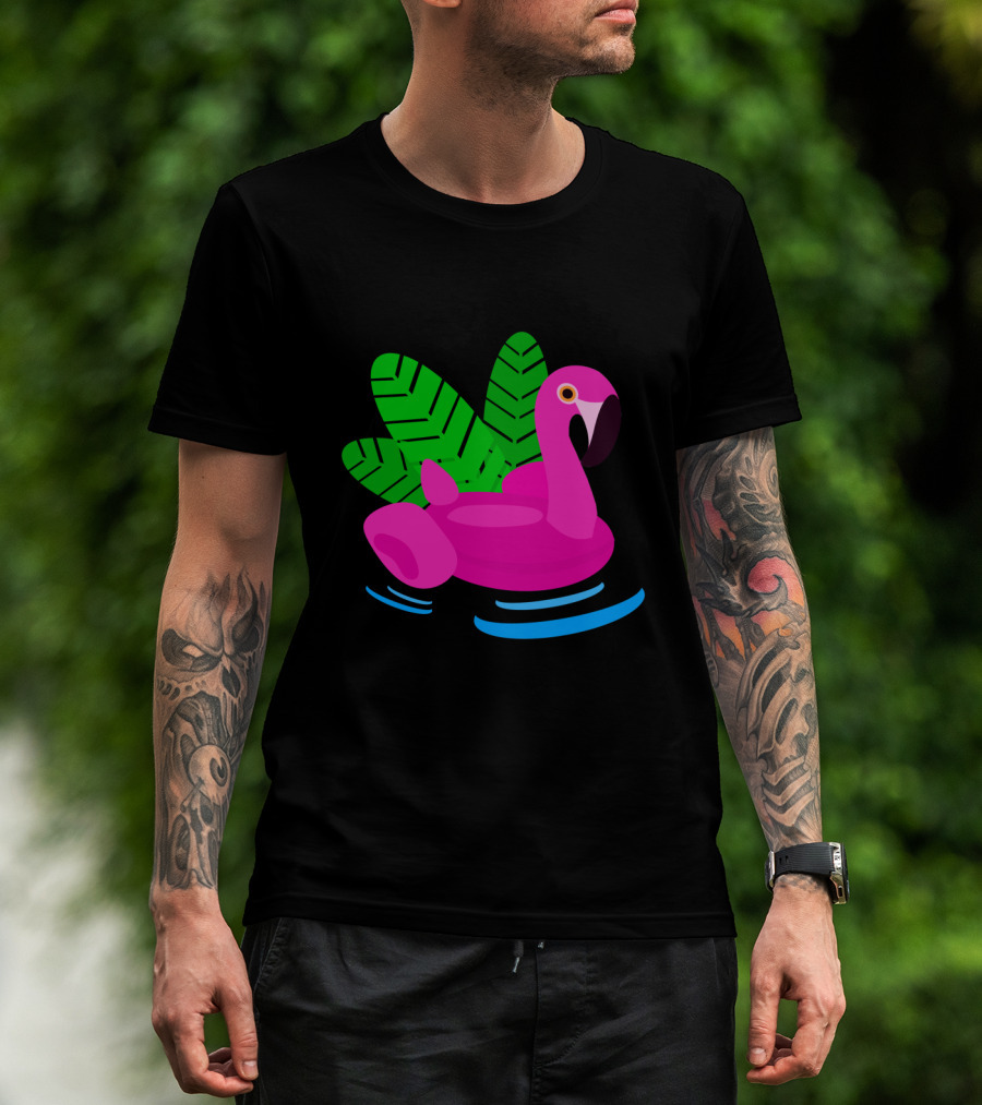Summer Flamingo Pool Float With Leaves And Water Ripples T-Shirt