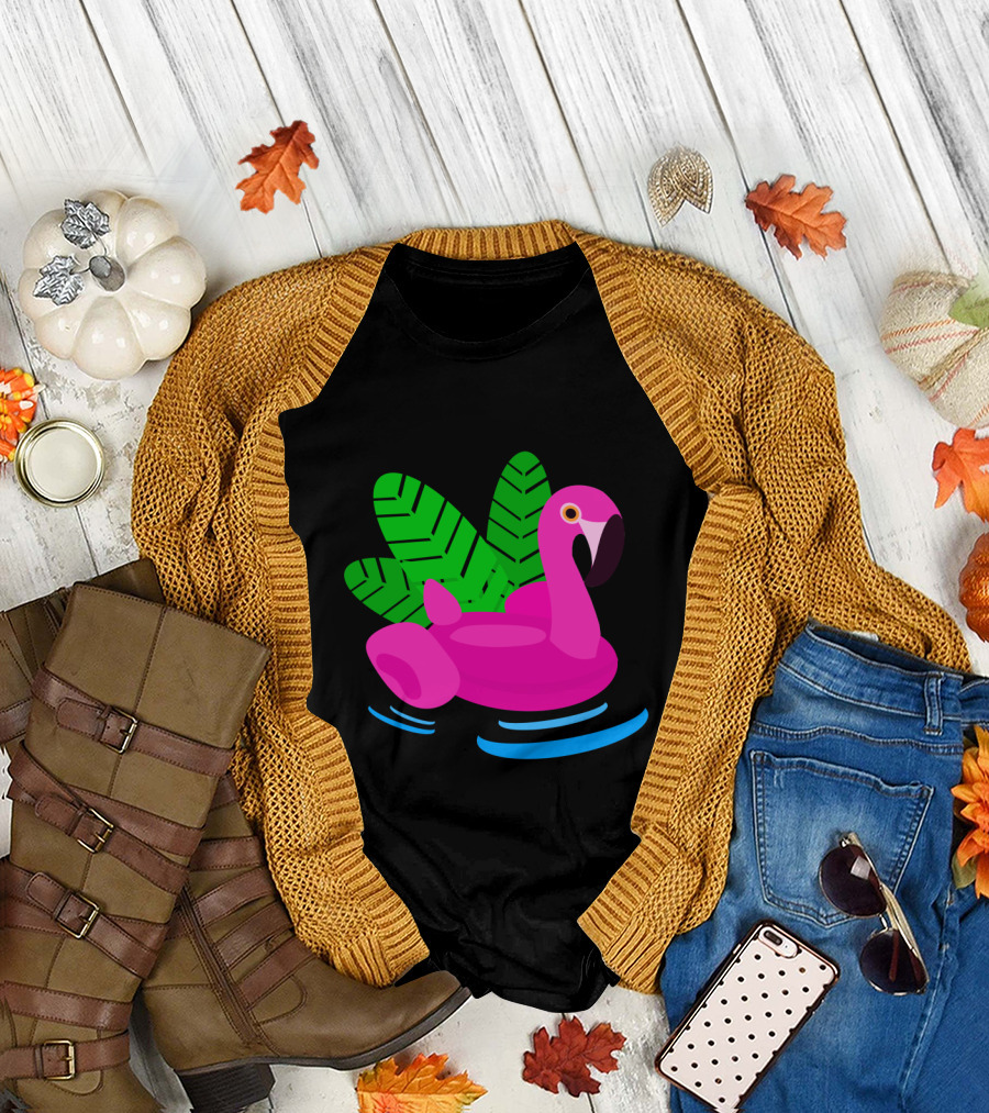 Summer Flamingo Pool Float With Leaves And Water Ripples T-Shirt