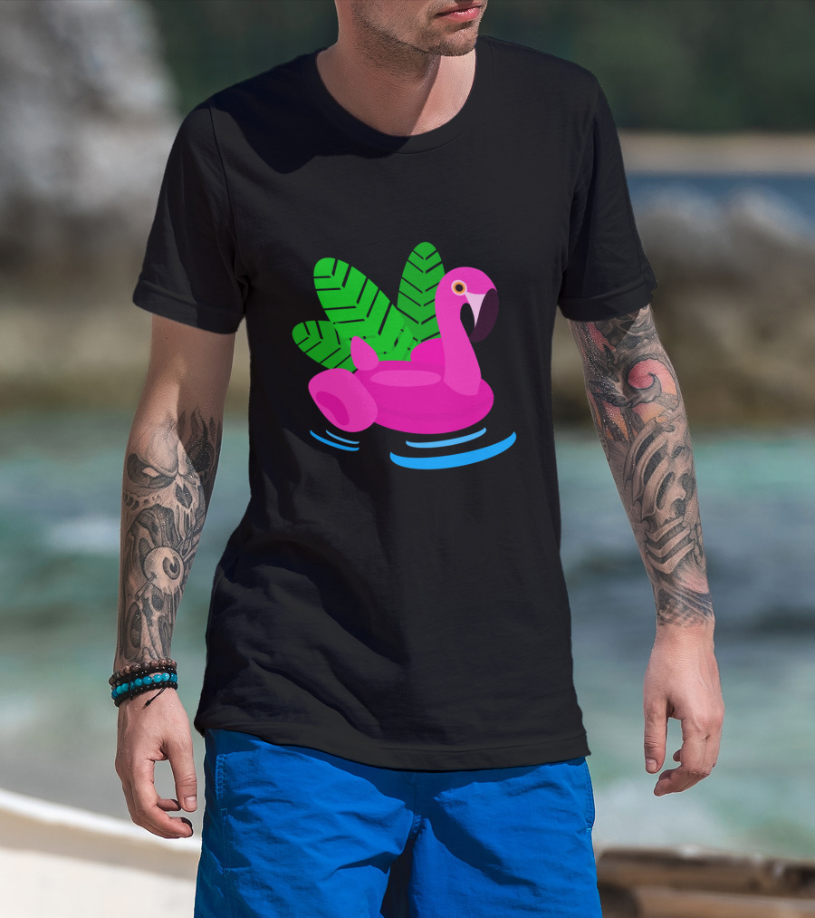 Summer Flamingo Pool Float With Leaves And Water Ripples T-Shirt