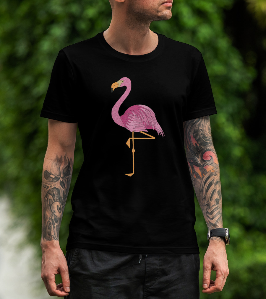 Floral Flamingo Intricate Pink Bird With Black Flower T-Shirt