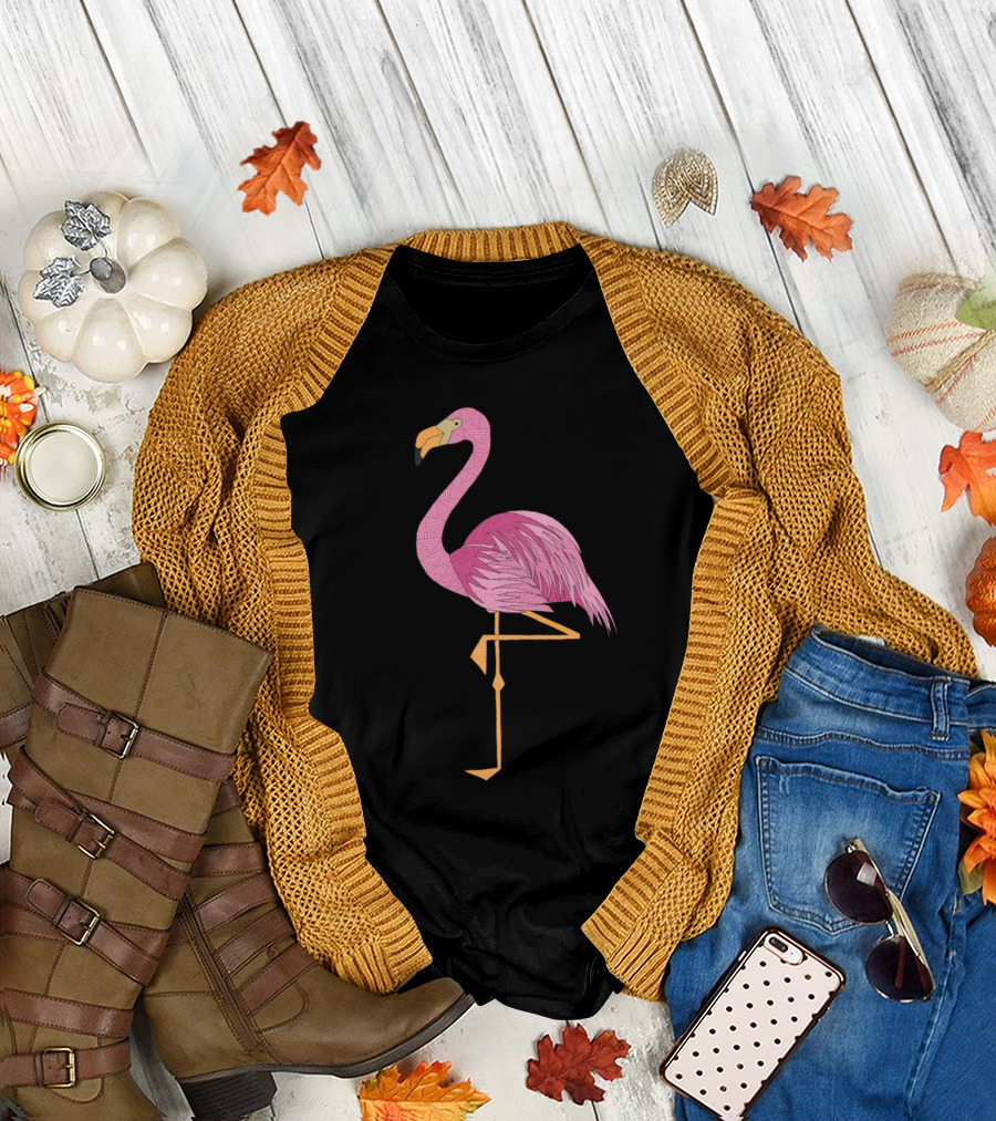 Floral Flamingo Intricate Pink Bird With Black Flower T-Shirt