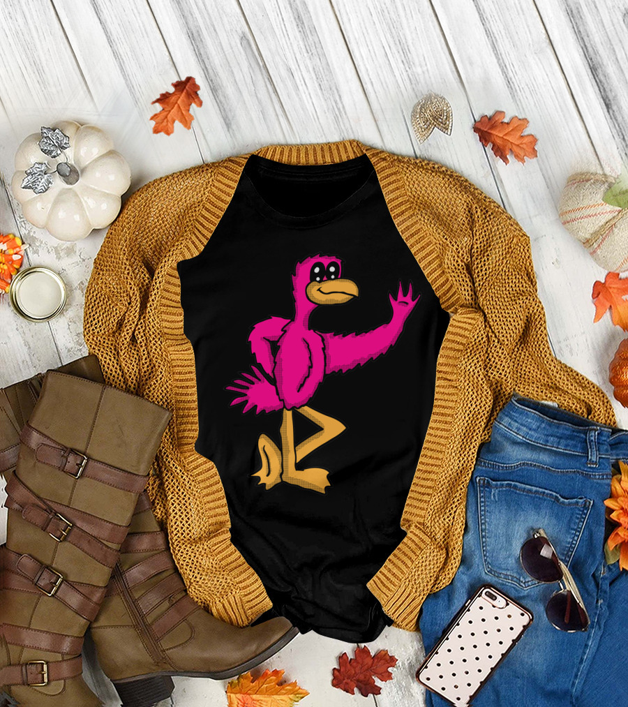 Frankie Flamingo Cartoon Bird Character Waving in Pink and Yellow T-Shirt