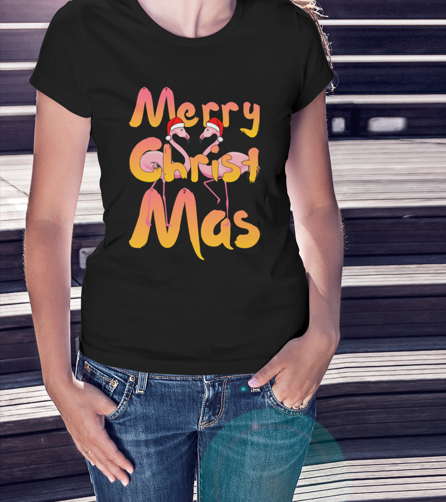Merry Christmas Flamingo Santa Hats Holiday Fun T-Shirt