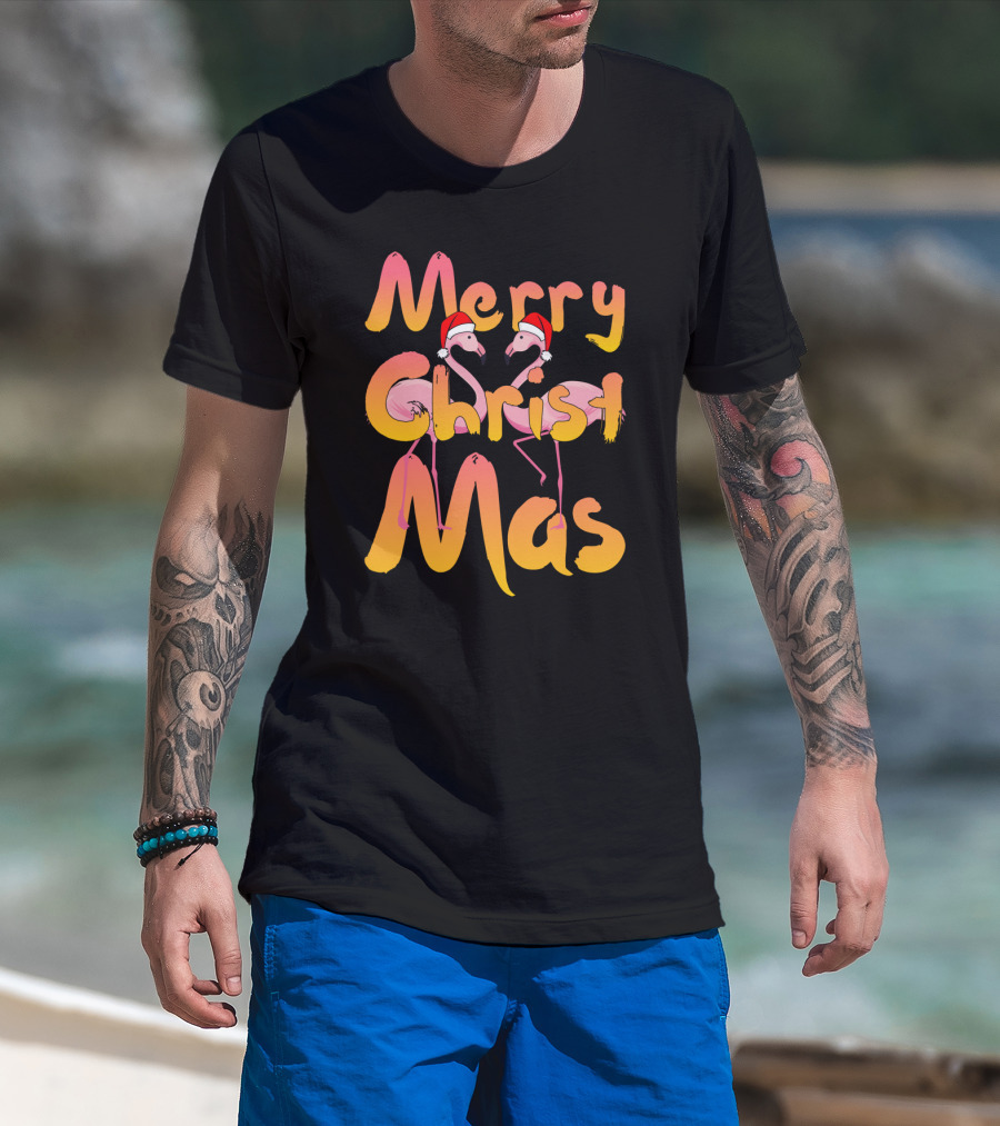 Merry Christmas Flamingo Santa Hats Holiday Fun T-Shirt