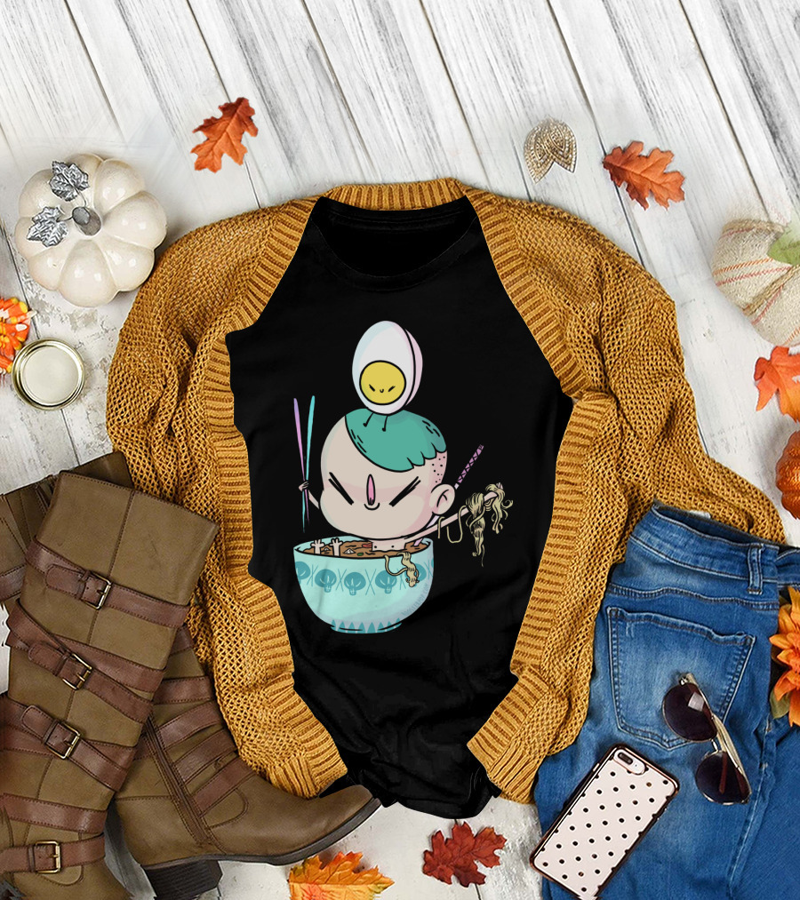 Ramen Ninja with Cute Egg and Blue Hair in Noodle Bowl T-Shirt