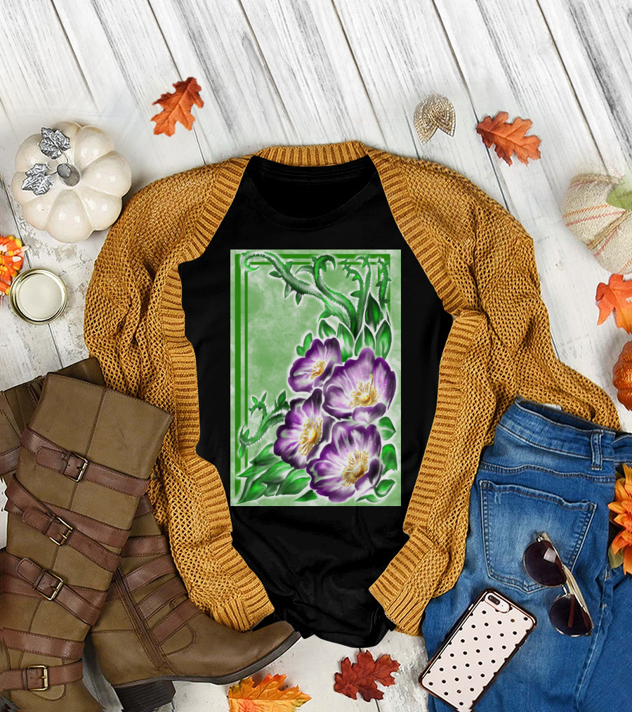 Lush Alberta Rose Purple Blossoms with Verdant Green Leaves and Thorns T-Shirt