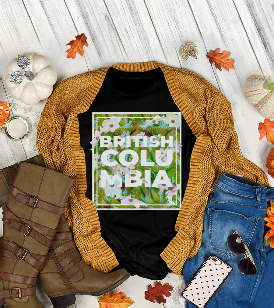 British Columbia Floral Text Design with Green and White Flowers T-Shirt