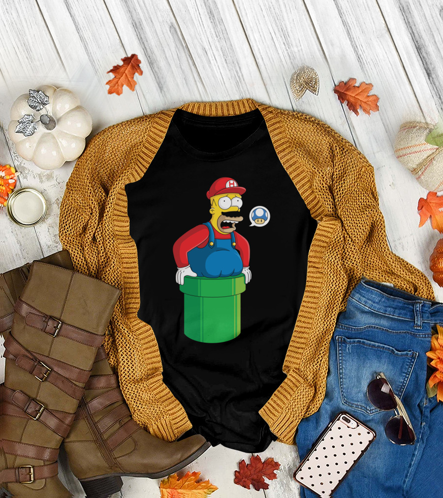 Hilarious Homer Parody in Mario Pipe with Speech Bubble Toad T-Shirt